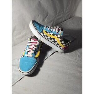 VANS Old Skool Low Top Skate Checkered, Blue/Pink/Yellow, Black, Size M 4.5 W 6